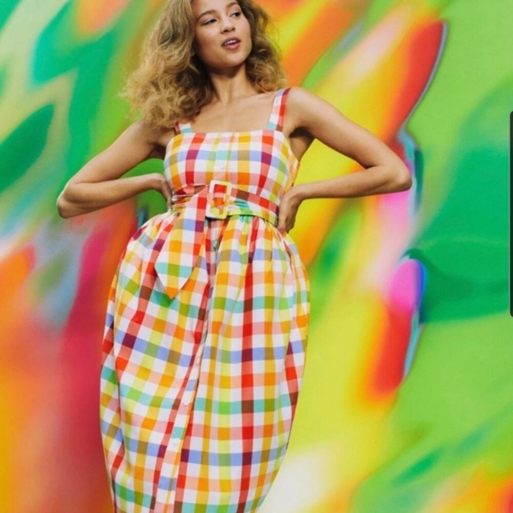 Christopher John Rogers X Target madras plaid belted rainbow midi dress size 8